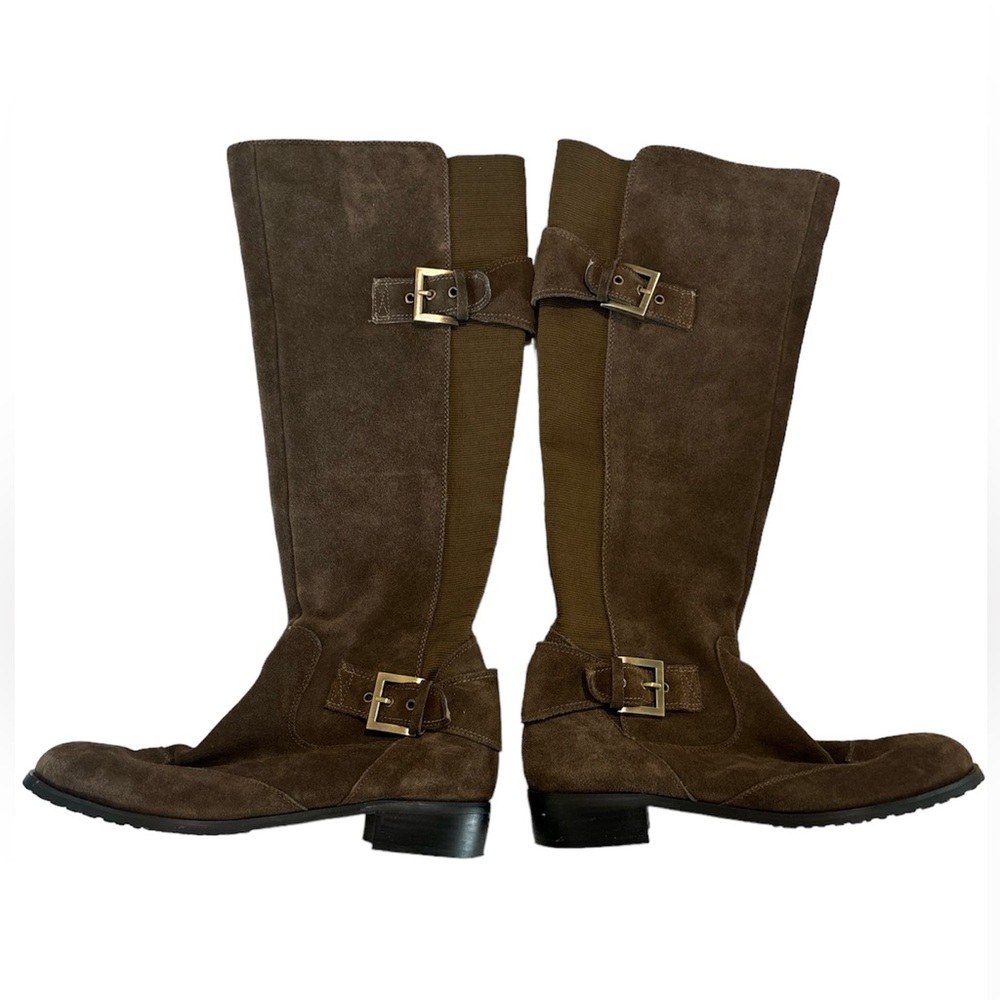 Restricted leather upper chocolate brown knee high riding boots size 10 stretch